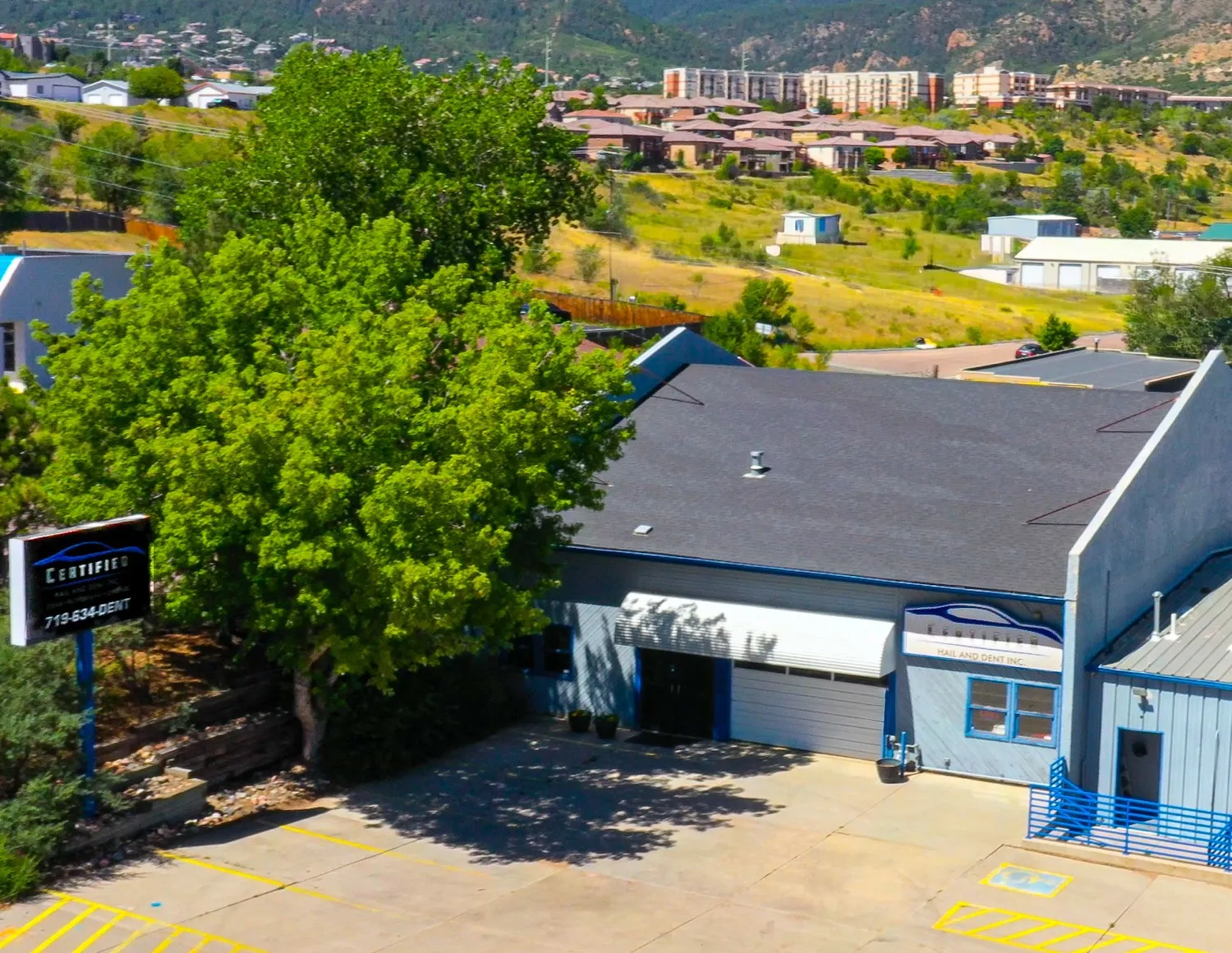Aerial view of Certified Hail and Dent lot at 1394 South 21st Street Colorado Springs